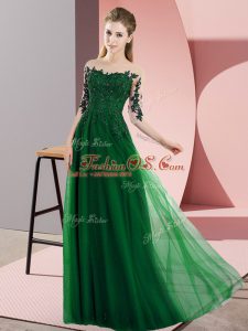 Floor Length Dark Green Wedding Guest Dresses Chiffon Half Sleeves Beading and Lace