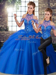 Custom Designed Two Pieces Sleeveless Blue Quinceanera Dress Brush Train Lace Up