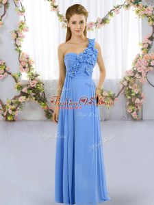 Custom Made Blue Lace Up One Shoulder Hand Made Flower Bridesmaid Gown Chiffon Sleeveless