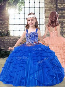 Royal Blue Straps Neckline Beading and Ruffles Little Girls Pageant Dress Wholesale Sleeveless Lace Up