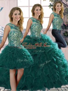 Hot Sale Scoop Sleeveless Sweet 16 Dresses Floor Length Beading and Ruffles Peacock Green Organza