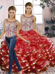 Red Scoop Lace Up Beading and Ruffles 15 Quinceanera Dress Sleeveless