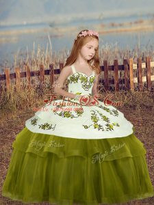 Latest Olive Green Sleeveless Embroidery Floor Length Little Girl Pageant Gowns