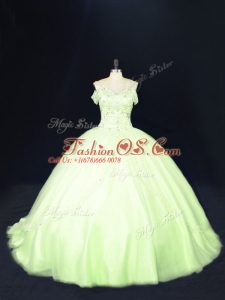 Custom Designed Yellow Green Tulle Lace Up Quinceanera Dresses Sleeveless Court Train Beading
