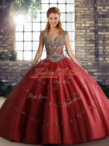 Hot Sale Wine Red Ball Gowns Tulle Straps Sleeveless Beading and Appliques Floor Length Lace Up Sweet 16 Dresses