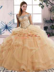 Champagne 15th Birthday Dress Military Ball and Sweet 16 and Quinceanera with Beading and Ruffles Off The Shoulder Sleeveless Lace Up