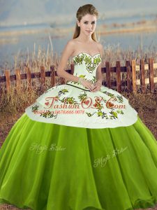 Dynamic Olive Green Lace Up Sweetheart Embroidery and Bowknot Sweet 16 Dress Tulle Sleeveless