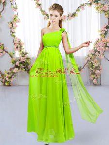 Exceptional Yellow Green Sleeveless Floor Length Beading and Hand Made Flower Lace Up Bridesmaid Dresses