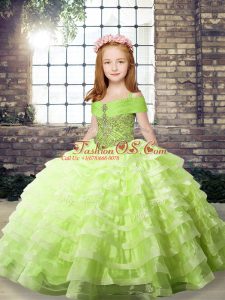 Latest Yellow Green Lace Up Straps Beading and Ruffled Layers Girls Pageant Dresses Organza Sleeveless Brush Train
