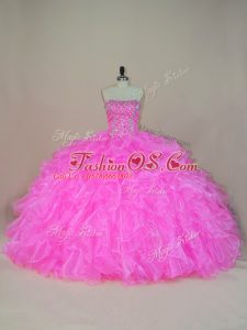 Elegant Floor Length Pink Ball Gown Prom Dress Organza Sleeveless Beading and Ruffles