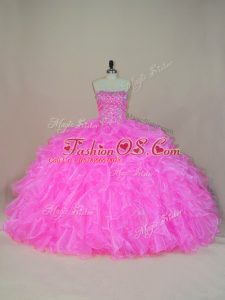 Elegant Floor Length Pink Ball Gown Prom Dress Organza Sleeveless Beading and Ruffles