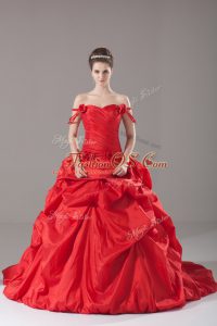 Sweet Taffeta Off The Shoulder Sleeveless Brush Train Lace Up Ruching and Pick Ups and Hand Made Flower Sweet 16 Dresses in Red