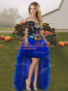 Exceptional Royal Blue Sleeveless Embroidery and Ruffles High Low Homecoming Dress