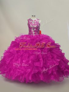 Custom Design Fuchsia Organza Lace Up 15th Birthday Dress Sleeveless Floor Length Ruffles and Sequins