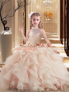 Pink Tulle Lace Up High-neck Sleeveless Floor Length Little Girls Pageant Dress Brush Train Beading