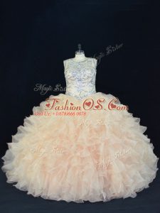 Affordable Scoop Sleeveless Organza Sweet 16 Dress Beading and Ruffles Lace Up