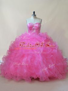 Fantastic Rose Pink Lace Up Sweetheart Beading and Ruffles Sweet 16 Dresses Tulle Sleeveless