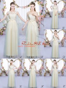 Floor Length Lace Up Bridesmaids Dress Champagne for Wedding Party with Lace and Bowknot