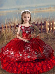 On Sale Sleeveless Lace Up Floor Length Embroidery and Ruffled Layers Little Girls Pageant Gowns