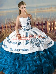 Blue And White Sleeveless Satin and Organza Lace Up 15th Birthday Dress for Sweet 16 and Quinceanera