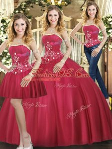 Red Strapless Neckline Beading Sweet 16 Quinceanera Dress Sleeveless Lace Up