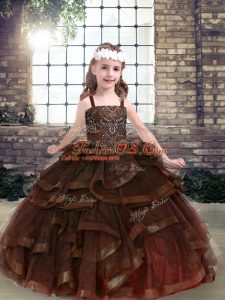 Enchanting Sleeveless Tulle Floor Length Lace Up Pageant Dress Wholesale in Brown with Beading and Ruffles