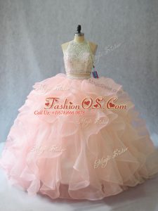 Perfect Peach Two Pieces Organza Halter Top Sleeveless Beading and Ruffles Backless Vestidos de Quinceanera Brush Train