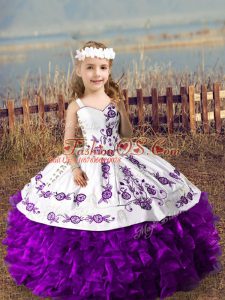 Wonderful Purple Lace Up Straps Embroidery and Ruffles Pageant Gowns For Girls Organza Sleeveless