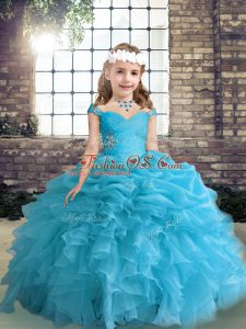 Floor Length Lace Up Little Girls Pageant Gowns Blue for Party and Wedding Party with Beading and Ruffles and Pick Ups