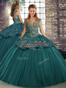 Green Ball Gowns Tulle Straps Sleeveless Beading and Appliques Floor Length Lace Up Sweet 16 Quinceanera Dress