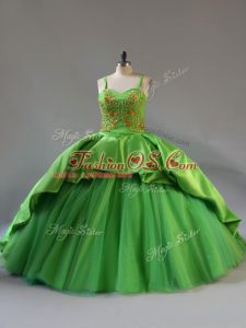 Lace Up Ball Gown Prom Dress Green for Sweet 16 and Quinceanera with Beading and Embroidery and Pick Ups Court Train