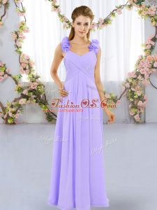 Nice Straps Sleeveless Bridesmaid Dress Floor Length Hand Made Flower Lavender Chiffon