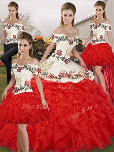 Off The Shoulder Sleeveless Sweet 16 Dresses Floor Length Embroidery and Ruffles White And Red Organza