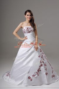 Fantastic Brush Train Ball Gowns Wedding Gowns White Strapless Satin Sleeveless Lace Up