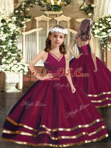Popular Ball Gowns Girls Pageant Dresses Burgundy V-neck Tulle Sleeveless Floor Length Zipper