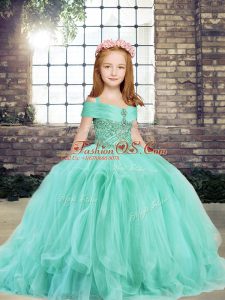 Pretty Floor Length Apple Green Pageant Gowns For Girls Straps Sleeveless Lace Up