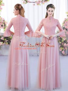 Customized Pink Empire Tulle High-neck 3 4 Length Sleeve Lace Floor Length Zipper Bridesmaid Gown
