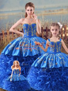 Sleeveless Satin and Fabric With Rolling Flowers Brush Train Zipper Quince Ball Gowns in Royal Blue with Embroidery and Ruffles