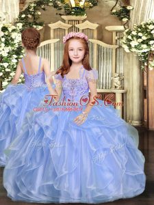 Floor Length Lace Up Little Girls Pageant Dress Wholesale Blue for Party and Sweet 16 and Wedding Party with Beading