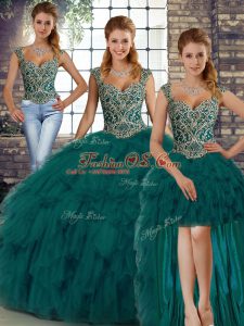 Beauteous Floor Length Three Pieces Sleeveless Peacock Green Quince Ball Gowns Lace Up