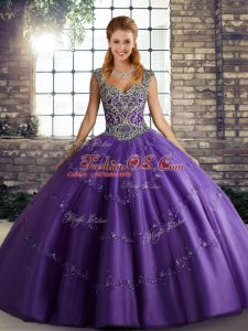 Straps Sleeveless Sweet 16 Quinceanera Dress Floor Length Beading and Appliques Purple Tulle