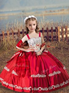 Sweet Coral Red Straps Neckline Beading and Embroidery Little Girls Pageant Gowns Sleeveless Lace Up