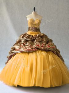 Luxury Gold V-neck Lace Up Beading and Pick Ups Quince Ball Gowns Brush Train Sleeveless