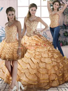 Wonderful Gold Three Pieces Sweetheart Sleeveless Organza Brush Train Lace Up Beading and Ruffles Quinceanera Dresses