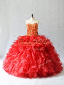 Sophisticated Floor Length Red Quinceanera Gown Sweetheart Sleeveless Lace Up