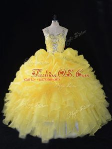 Yellow Zipper Straps Beading and Ruffles and Pick Ups 15th Birthday Dress Organza Sleeveless