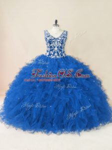 Blue Ball Gowns Beading and Ruffles Sweet 16 Quinceanera Dress Backless Tulle Sleeveless