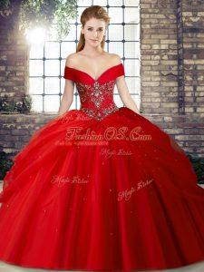 Red Ball Gowns Beading and Pick Ups Quinceanera Dress Lace Up Tulle Sleeveless