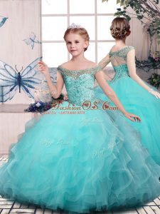 Perfect Floor Length Ball Gowns Sleeveless Aqua Blue Little Girl Pageant Dress Lace Up