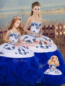 Royal Blue Lace Up Sweetheart Embroidery and Ruffles and Bowknot Quinceanera Dress Tulle Sleeveless